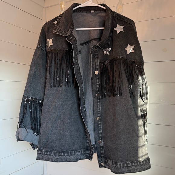 Jackets & Blazers - Black Light Wash Jacket w/ black sequin fringe & silver stars. Plus Size. XXL.